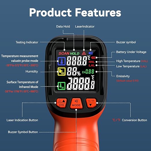 Infrared Thermometer Gun for Cooking, Include K-Type Probe for Humidity, -58°F to 1796° F Digital Laser Temperature Guns, 16:1 IR Temp Gun for Griddle, Pizza Oven, Engine, HVAC, Industrial & Home Use