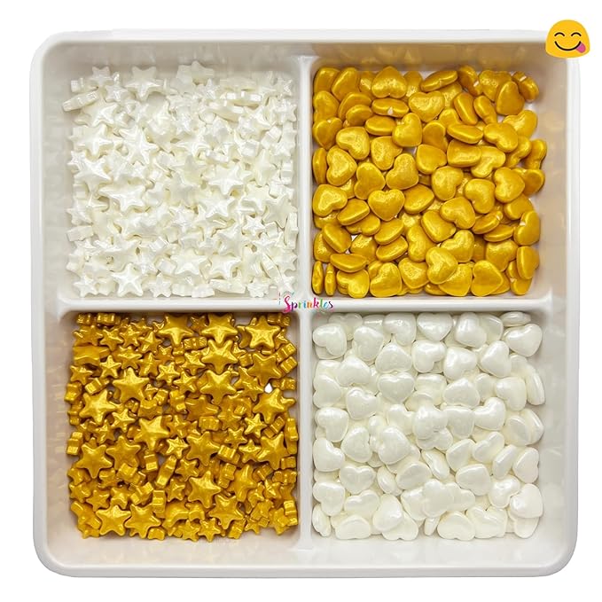 SE Si&Moos White and Gold Star Candy Gold and White Heart Sprinkles Edible Stars Star and Heart Candy Decorations Valentine Sprinkles for Cakes, Cupcakes, Cookies, Shower Party Birthday Holiday Supplies 3.5 OZ