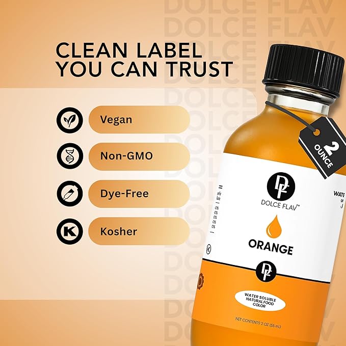 Dolce Flav Natural Orange Food Coloring – 2 oz Bright Plant-Based Liquid Dye | Water-Soluble Color for Baking, Drinks & Desserts | Graduated Dropper Included | No Artificial Dyes | Kosher | Made in USA