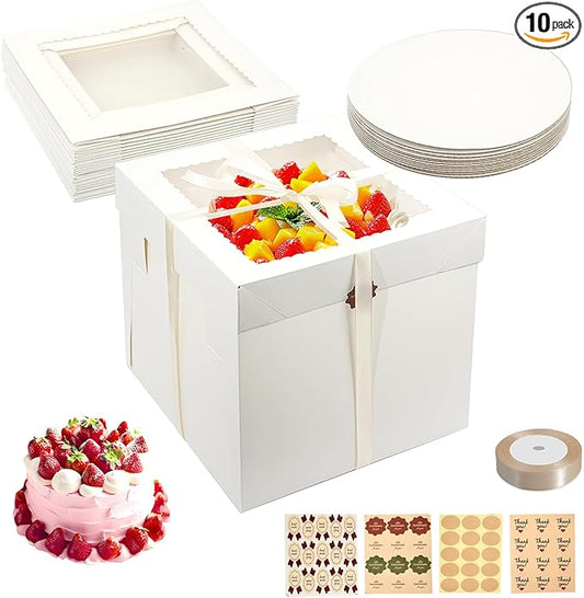 Aufind 10pcs Cake Boxes with Cake Board, 12x12x12 Inches White Bakery Boxes with Large Window for Cookies, Donuts, Cupcakes, Pastry & Pies (10)