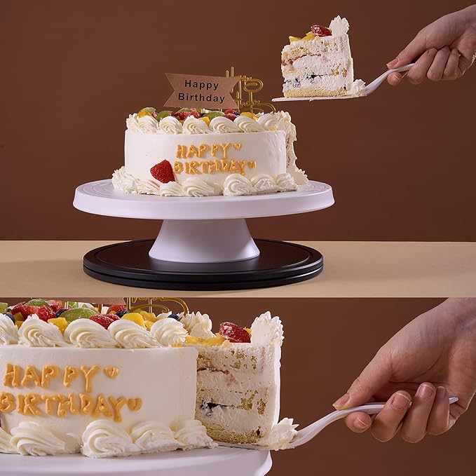 12 inch Revolving Cake Stand with Spatula, White Rotating Cake Turntable for Cake, Bamboo Fiber, Multi-Functional Rotating Cake Stand for Decorating Used as Cake Plate Holder & Serving Platter