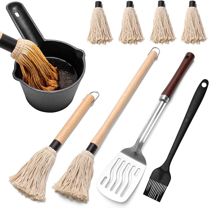 BBQ Mop Brushes for Sauce and Cast Iron Sauce Pot for Grilling, 2PCS Wooden Handle Mop Brushes 18+11 Inch with 4PCS Replacement Silicone BBQ Basting Brush for Cooking Grill Spatula