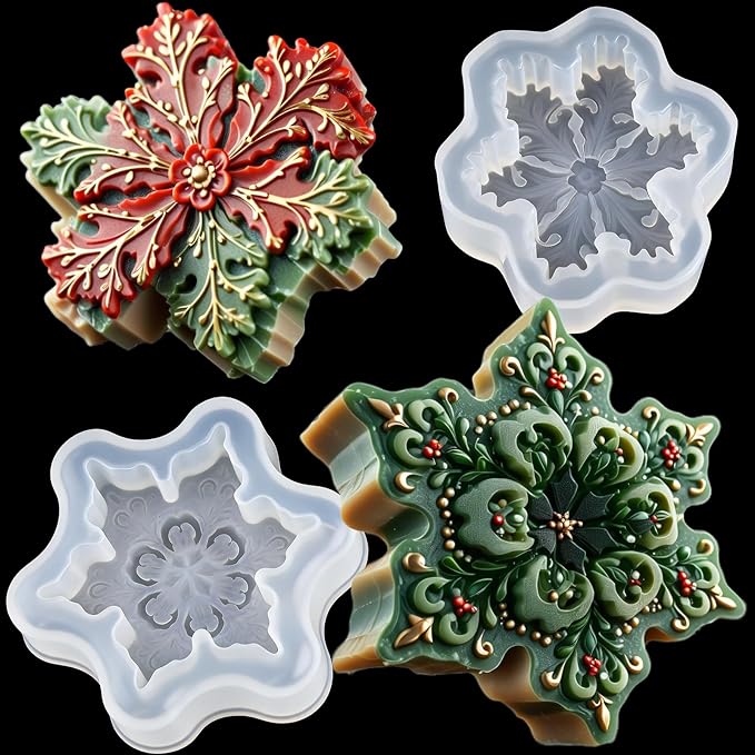 Snowflake Silicone Molds Christmas Snowflake Soap Molds Snowflakes Candle Mold 3D Christmas Silicone Chocolate Mold for Making Handmade Soaps Candles Bath Bomb Cookie Cake Candy Chocolate (White 2)