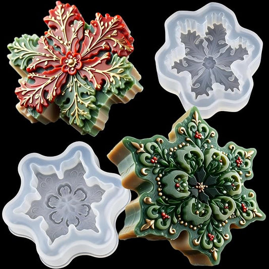 Snowflake Silicone Molds Christmas Snowflake Soap Molds Snowflakes Candle Mold 3D Christmas Silicone Chocolate Mold for Making Handmade Soaps Candles Bath Bomb Cookie Cake Candy Chocolate (White 2)