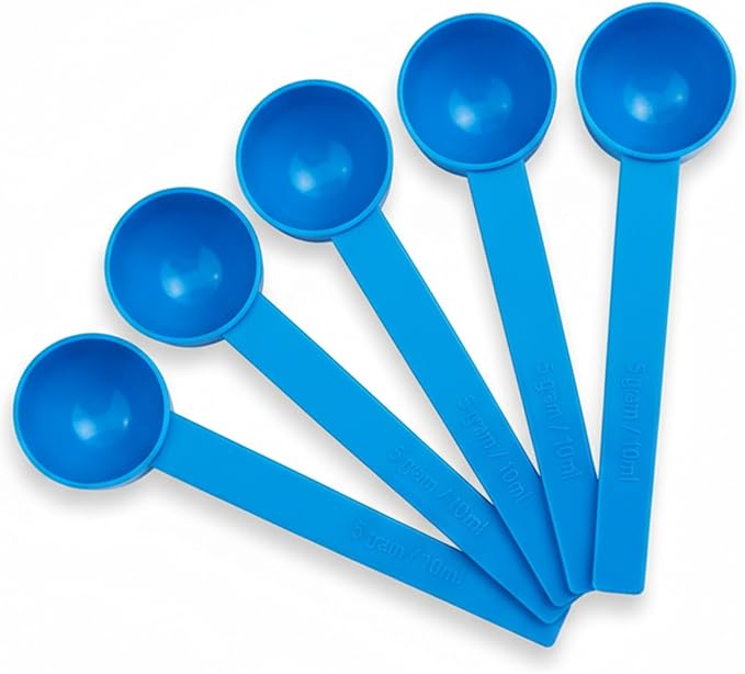 5g Plastic Measuring Spoons (10ml) – Pack of 5 Small Scoops for Protein Poweder, Creatine, Coffee, Lab, Baking, Laundry, Canisters, Dry Goods – 1 Teaspoon Measuring Spoons (tsp), Blue