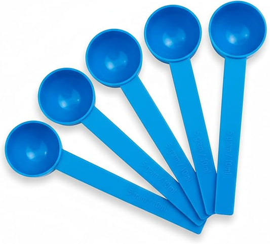 5g Plastic Measuring Spoons (10ml) – Pack of 5 Small Scoops for Protein Poweder, Creatine, Coffee, Lab, Baking, Laundry, Canisters, Dry Goods – 1 Teaspoon Measuring Spoons (tsp), Blue