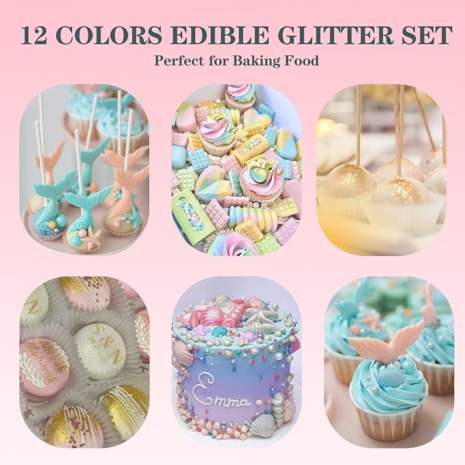 Christmas Edible Glitter 12 Colors Set, Food Grade Metallic Shimmer Dust for Food Decoration, Rainbow Drink Glitter for Cocktails Champagne Beverages, Vegan, Gluten Free, Nut Free-3g/Bottles