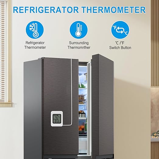 Urageuxy Digital Refrigerator Thermometer with Large LCD, Wired Freezer Room Indoor Outdoor Thermometer with Magnetic Back, Easy to Read