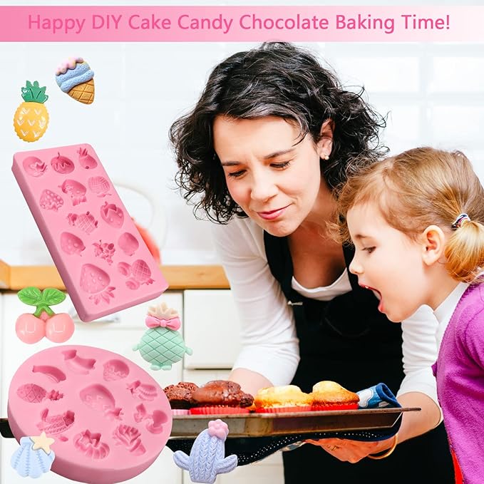 Fruit Fondant Molds for Cake Decorating 2 Pcs, Mini Strawberry Pineapple Banana Candy Chocolate Silicone Mold for DIY Cupcake, Sugar Craft, Flower Paste, Marzipan, Mousse, Sick Cookies, Clay, Resin