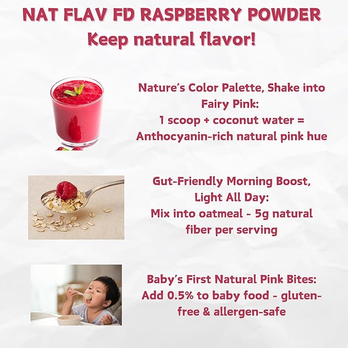 NAT FLAV Freeze Dried Raspberry Powder – 100% Natural, No Added Sugar, No Additives | 7oz | Vibrant Superfood for Smoothies, Baking & Natural Coloring
