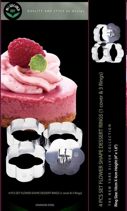 NewlineNY Stainless Steel Dessert Rings (4 Pcs) Flower Shape Molded Appetizers Salads Pastries Mousse Molding Layering Cutter