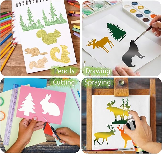 45pcs Forest Animals Stencils for Painting on Wood Wilderness Tree Stencils Paint Wildlife Burning Patterns Bears Deers Template on Art Craft Canvas Wall Fabric Rock (45 Wildlife)