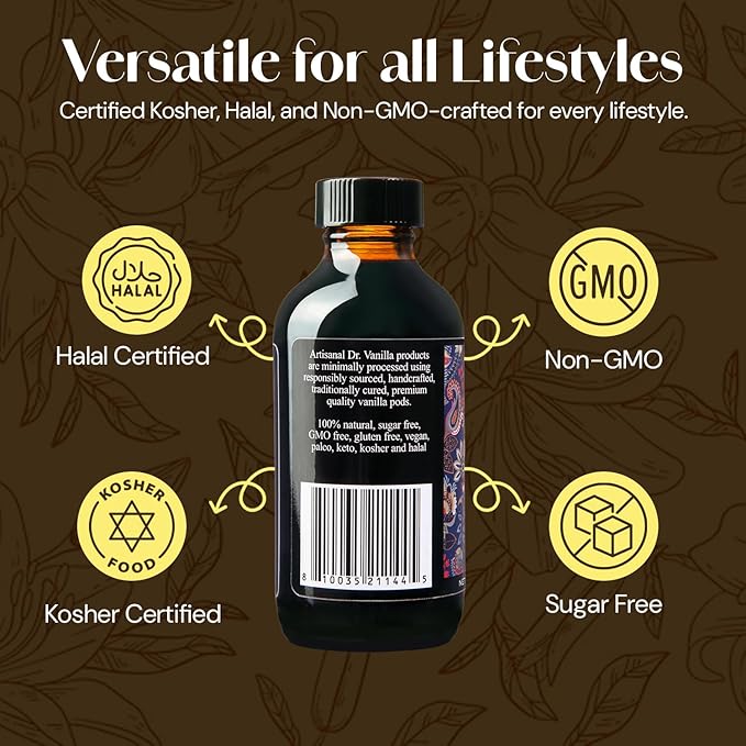 Organic Alcohol-Free Natural Vanilla, For Baking, Sweet Drinks And More, Handcrafted From Madagascar Bourbon Vanilla Pods, Halal Certified, 4 Oz Bottle