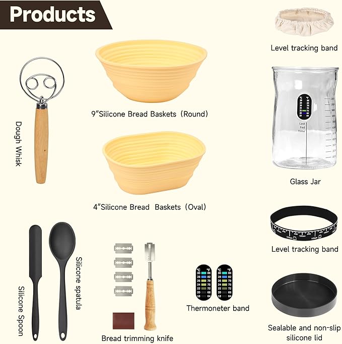 Sourdough Starter Kit Sourdough Bread Baking Supplies with Silicone Banneton Bread Proofing Basket, 50 Oz Sourdough Starter Jar, Gifts for Bakers