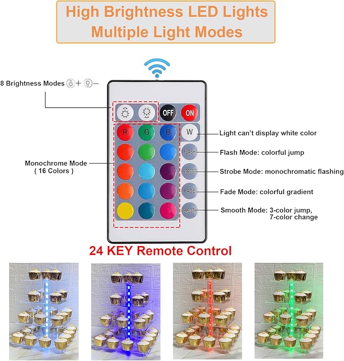 Cupcake Stand Acrylic 4 Tier Tower Display Cupcake Cake Stand with Remote LED Light,Multiple Color Changing Modes,Transparency Serving Tray for Any Parties Events(Standard Size)