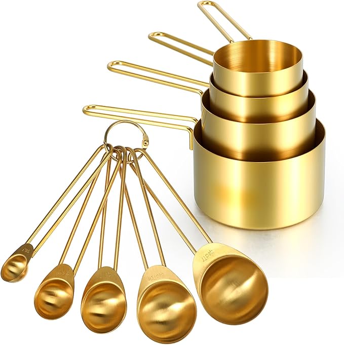 9 Pcs Golden Stainless Steel Measuring Cups and Spoons Set, Stackable & Long Handle, Premium Metal Measuring Cups and Stainless Steel Measuring Spoons Set for Liquid & Dry Ingredients Baking Cooking