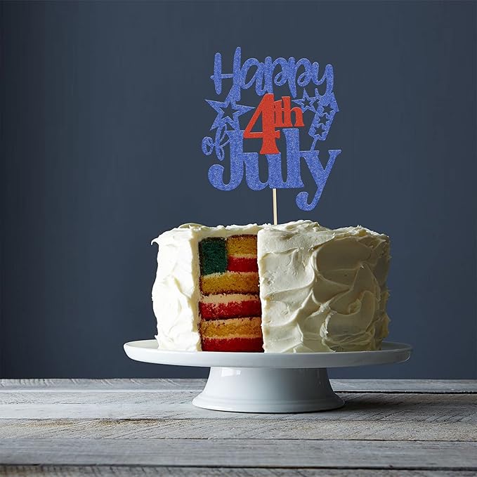 1 Pack Happy 4th of July Cake Topper Red and Blue Glitter Independence Day Cake Pick Decorations for American National Day Patriotic Party Supplies