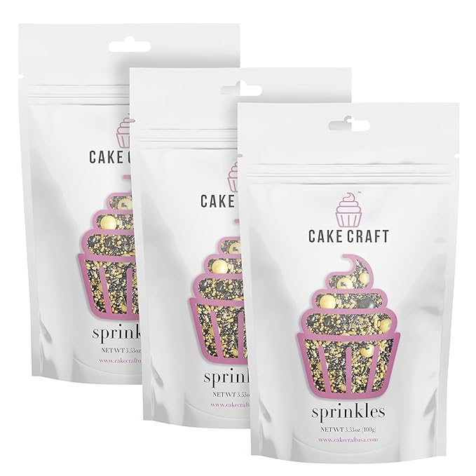 Cake Craft Gold & Black Sprinkles Mix – 3-Pack (100g Each) | Sugar Strands & Sugar Pearls | Luxurious Mixed Sprinkles for Cakes, Cupcakes, Cookies & More
