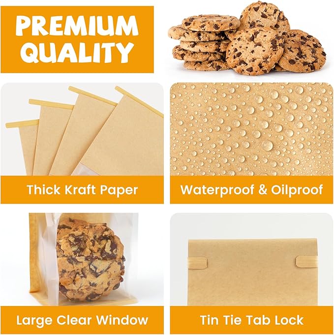 50 Pack Small Bakery Bags with Window, 3.9x3.1x8.2 Inches Tin Tie Tab Lock Cookie Packaging Bag Resealable Paper Treat Bags for Homemade Granola, Baked Goods Gift Giving