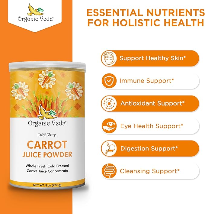 Organic Veda Carrot Powder - Made with Whole Fresh Cold Pressed Carrot Juice Concentrate - Ideal for Juice, Smoothie, Baking & Cooking - 100% Pure & Natural, 8 oz