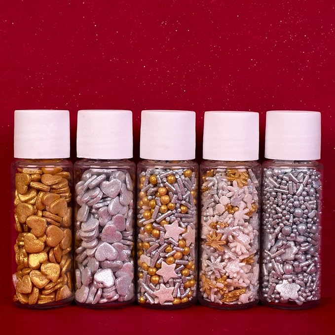 Confect Christmas Sprinkles | Grey, Gold & White Mix | Edible Star, Pearl & Flower Shaped Sprinkles | Elegant Holiday Cake & Cupcake Decorations- 5 Oz