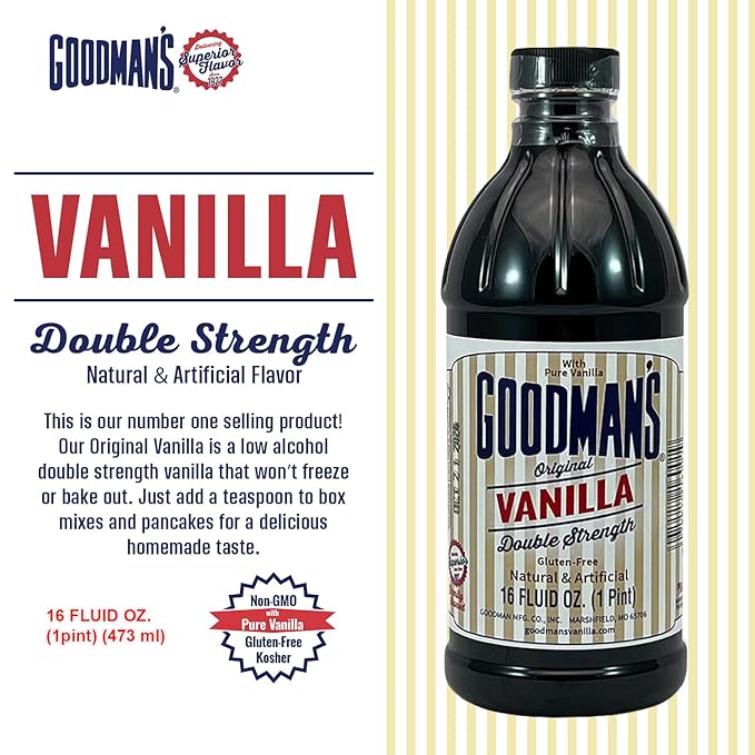 Goodman's Original Vanilla Double Strength - Gluten-Free, Non-GMO, Kosher, Low Carb & Low Calorie, a Blend of Artificial flavors with Pure Vanilla - No Animal Products, No Sugar (16oz Bottle)