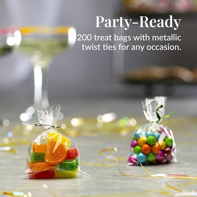 Prestee 200 Pack Clear Plastic Cellophane Gift Bags [3x4] with 4" Twist Ties, Candy, Cookie, Treat Bags (Pack of 200)