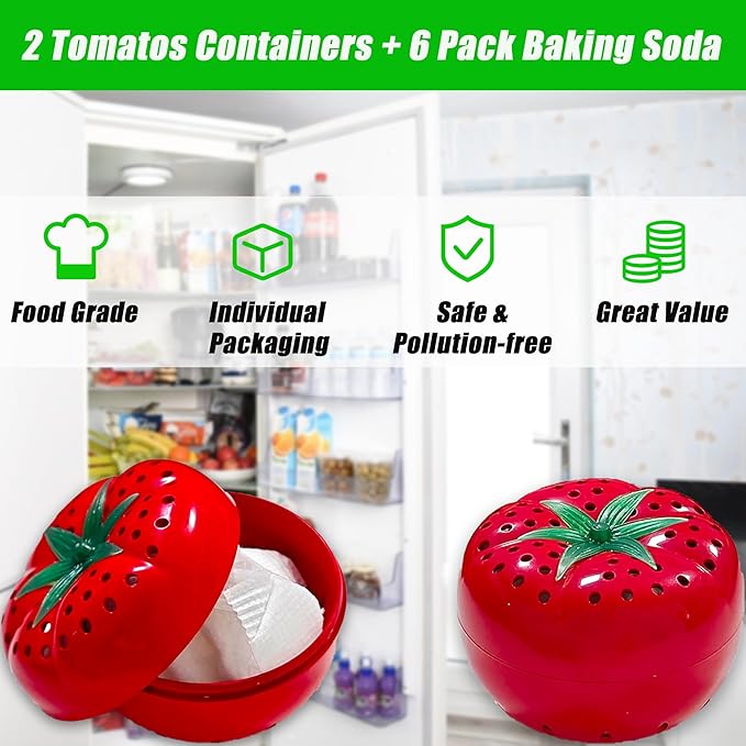 Refrigerator Deodorizer, Baking Soda Odor Absorber, 2 Reusable Baking Soda Holder and 6-Pack Baking Soda, Cute Tomato Baking Soda Container, Kitchen Gadgets