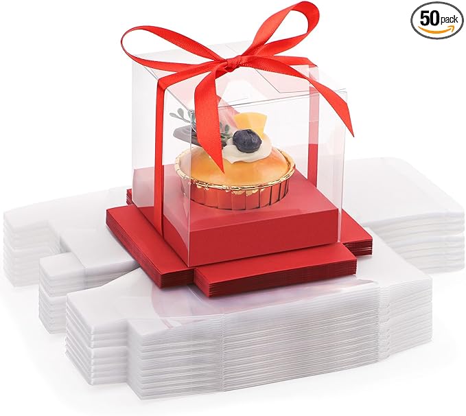 EUSOAR Cupcake Boxes Individual, 50 Pcs 3.5 Inch Clear Muffins Cupcake Containers with Inserts and Gift Ribbon, Dessert Pastry Holder Disposable Cookies Wrappers for Wedding Party Favor Bakery