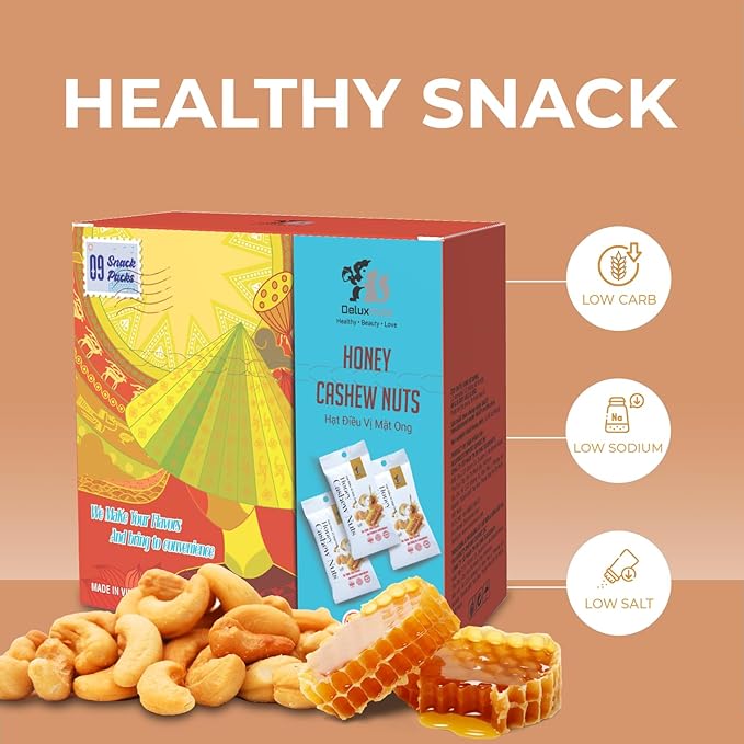 DELUXNUTS Roasted Honey Cashews (9 Packs), Whole Cashew Nuts, Individual Packs, Healthy Snack for Kids & Adults, Good Source of Protein, Gluten-Free