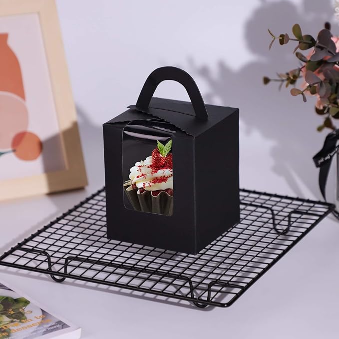 EUSOAR Cupcake Boxes Individual Black 50pcs 3.6"x 3.6"x 4.3" Cupcake Carrier with Insert and Display Holders, Party Favor Bakery To Go Wrapping Packing Cupcake Muffin Carry Boxes Container