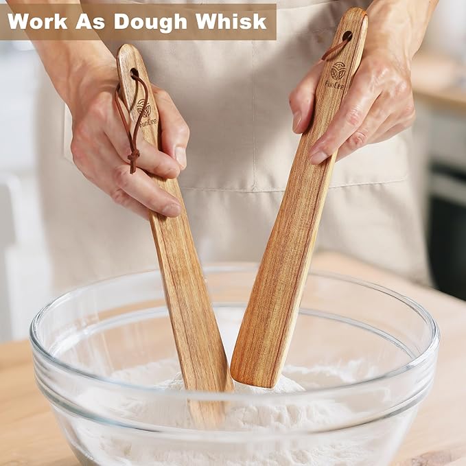 2 Pack Teak Wood Spatula, 12 Inch Wooden Spoons for Cooking, Sourdough Starter, Flat Steak Turner, Dough Whisk Spurtle Baking Utensil, Heat Resistant Spatulas for Cast Iron Flipping, stirring, Turning