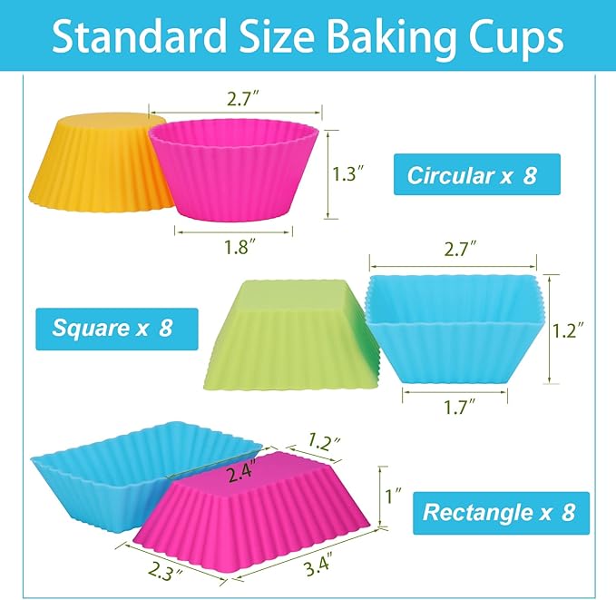 24Pack Silicone Muffin Cups, Reusable Cupcake Liners Molds for Baking, 3 Shapes Lunch Box Bento Dividers-Round, Square, and Rectangular (Colorsful, Regular Size)