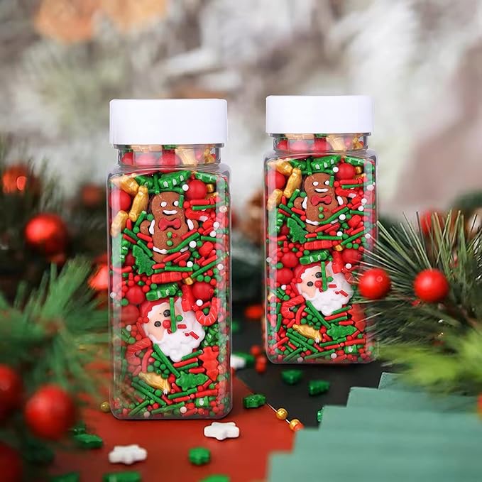 LEBERY 1 Bottle Christmas Sprinkles Holiday Sprinkle Mix Christmas Tree Santa Claus Sprinkles Christma Jimmies Red and Green Sprinkle Edible Xmas Cake Topper for Cookie Baking Decorating
