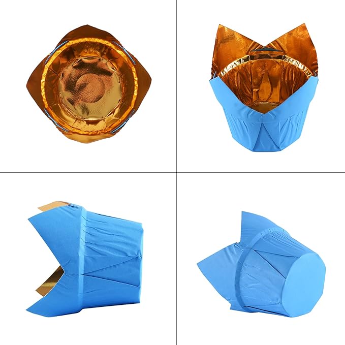 Party Hippo Gold Tulip Cupcake Liners 100 Pcs Baking Paper Cups Holders Greaseproof Muffin Cases Wrappers for Wedding Birthday Party Baby Shower (Blue)