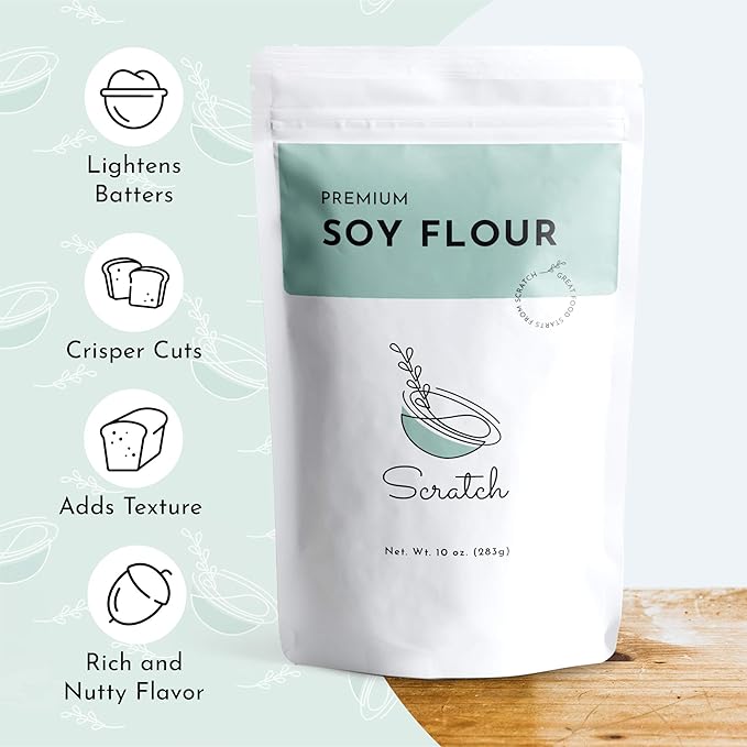 Scratch Premium Defatted Soybean Flour - Gourmet Baking Ingredients - Contains Calcium, Iron, Potassium, Protein, & Dietary Fiber - Rich Nutty Flavor - Low in Fat - Healthy Flour Substitute (10oz)