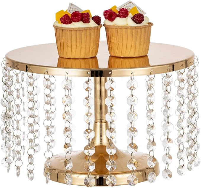 LANLONG Cake Stand for Dessert Table 10 Inch Gold Crystal Pendants Metal Cake Stand Serves as A Round Dessert Cupcake Display Plate for Table, Wedding, Party, Event