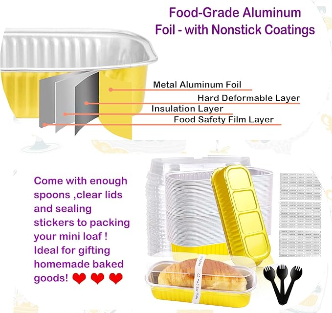 50 Pack Mini Loaf Pans with Lids and Spoons, 6.8 Oz Mini Cake Pans with Lids for Baking, Disposable Rectangle Aluminum Foil Loaf Pan with Stickers，Small Cake Containers Tin（Gold）