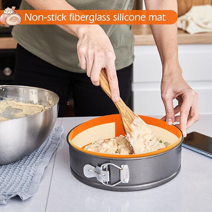 Honeydak 3 Set Silicone Baking Mat for 4, 7, 9 Inch Springform Pan Protector Prevent Cake from Sticking to Bottom and Side Easy Clean Nonstick Silicone Liners for Baking Cheesecake Pan (Orange)