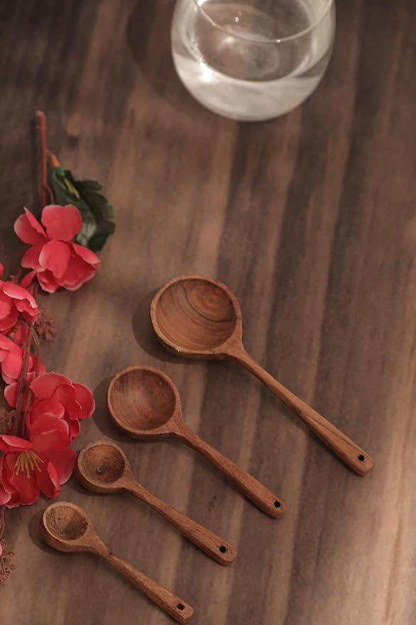 4 Piece Wooden Flatware Set - Handcrafted Wooden Measuring Spoons for Kitchen Utensils, Baking, Cooking, Spice Measuring - Durable Rustic Tools for Home, Chef, Restaurant (Brown) - ALPHA Living HOME