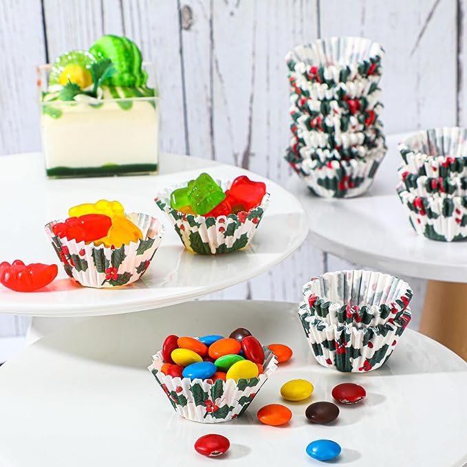Funtery 600 Pcs Christmas Cupcake Liners Mini Muffin Liners Paper Candy Cups 1.3 Inch Holly Print Baking Cups Small Xmas Cupcake Wrappers for Baking Truffles Chocolates Making(Holly)