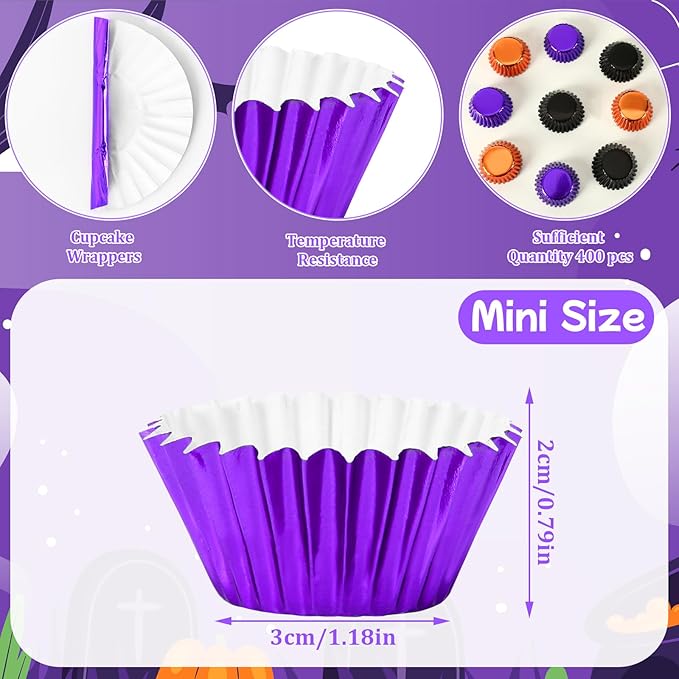 AUGSUN 400pcs Halloween Mini Foil Cupcake Liners, Black Purple Orange Metallic Muffin Cupcake Wrappers for Halloween Holiday Birthdays Showers Party Cake Candy Chocolate Decorations Supplies