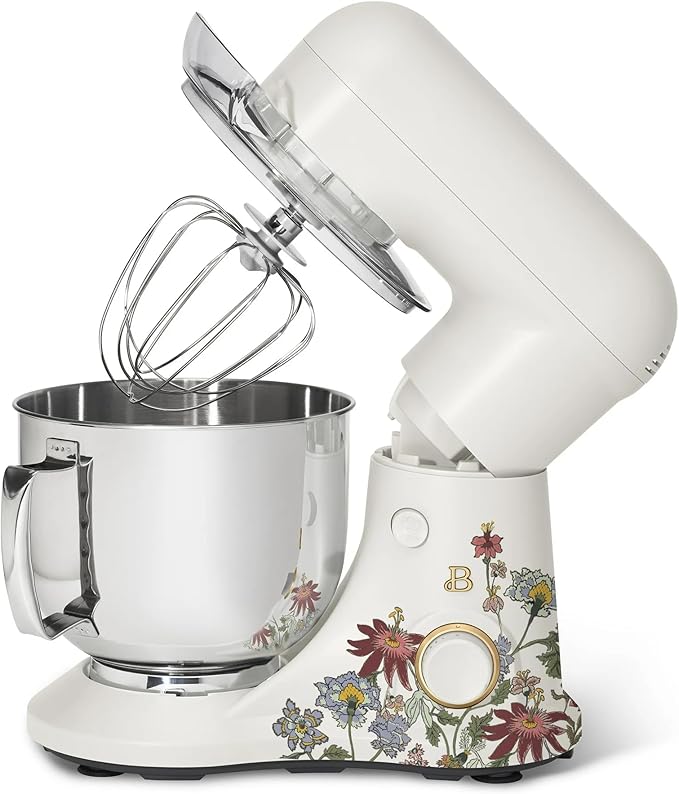 Beautiful 5.3 QT Stand Mixer w/Tilt-Head Design, Stainless Bowl, 300-Watt Power, 12-Speed Control, Includes Beater, Dough Hook, Whisk, Splash Shield (Wildflower White Icing)