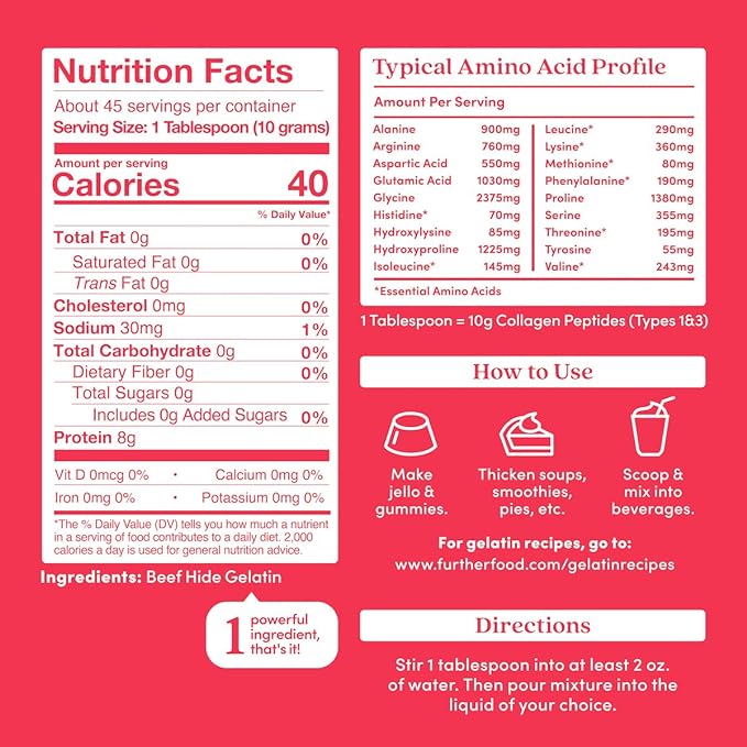 Further Food Premium Gelatin Powder – Unflavored, Grass-Fed & Pasture-Raised Beef Hide, Non-GMO, Sugar-Free, Keto & Paleo Friendly, 15.87 oz