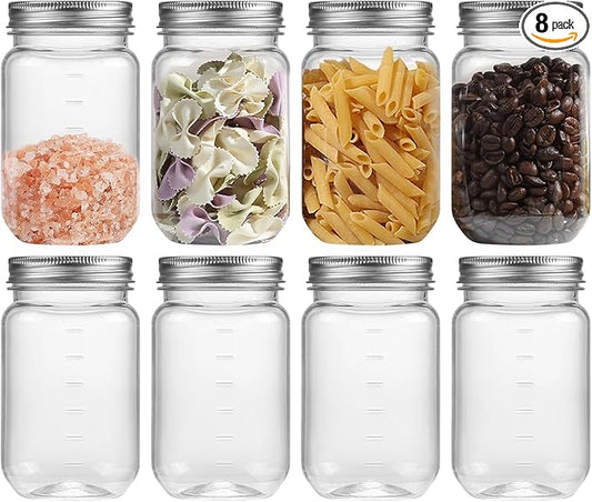 novelinks 16 oz Clear Plastic Mason Jars with Silver Lids – Reusable Food Storage Containers with Lids, BPA-Free, Leakproof, Empty Jars for Pantry, Kitchen, DIY Crafts – 8 Pack