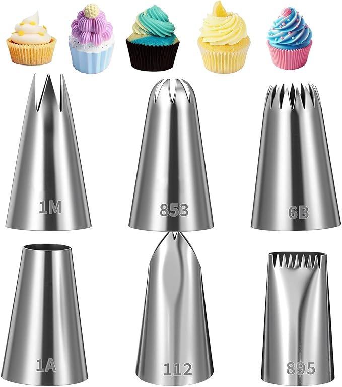 6PCS Large Piping Tips Set, Silver Stainless Steel Cake Decorating Tips, Frosting Icing Nozzles for Cupcakes, Cookies & Wedding Cake (112, 6B, 1A, 853, 895, 1M)