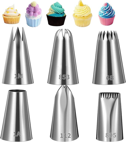 6PCS Large Piping Tips Set, Silver Stainless Steel Cake Decorating Tips, Frosting Icing Nozzles for Cupcakes, Cookies & Wedding Cake (112, 6B, 1A, 853, 895, 1M)