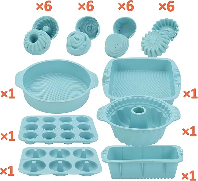 Silicone Baking Pans Set:30 in 1 Cake Baking Sheets,Cake Pans Sets for Baking Stable and Easy Demoulding,Donut Pan for Baking,Mini Bundt Cake Pans for Baking (Blue)