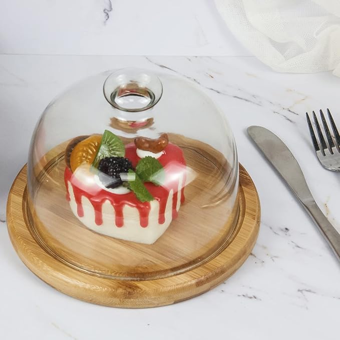 Glass Dessert Dome with Base, Mini Decorative Cake Tray with Glass Dome Cover, 5.9" Cake Fruit Display Server Tray for Kitchen, Birthday, Wedding, Appetizer Dessert and Cheese Serving Platter