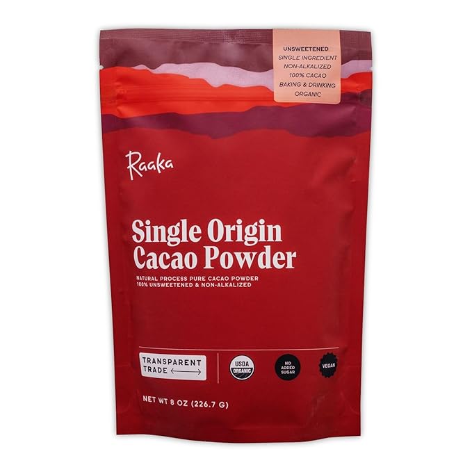 Raaka Chocolate Organic Cacao Powder - Unsweetened, Non-Alkalized, Perfect for Baking, Substitute for Cocoa Powder - Gluten-Free, Soy-Free, Sugar-Free, Allergen-Friendly - 8oz Resealable Bag